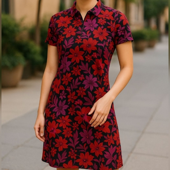 Tommy Bahama -NWT Black Shift Dress W/Red & Purple Floral Print, Short Sleeve - Picture 2 of 11